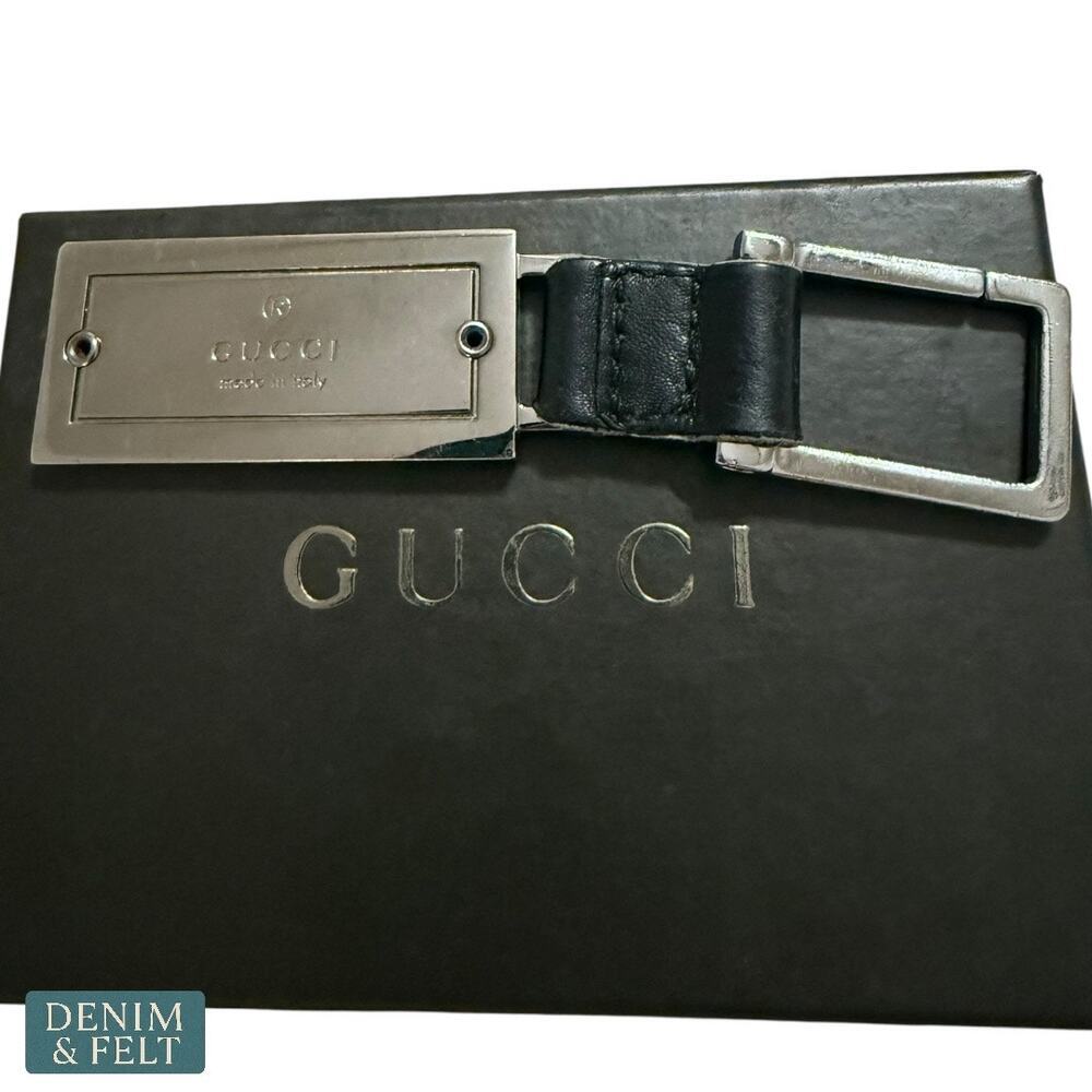 Gucci Rectangle Key Ring Black Leather Detail Sil… - image 4